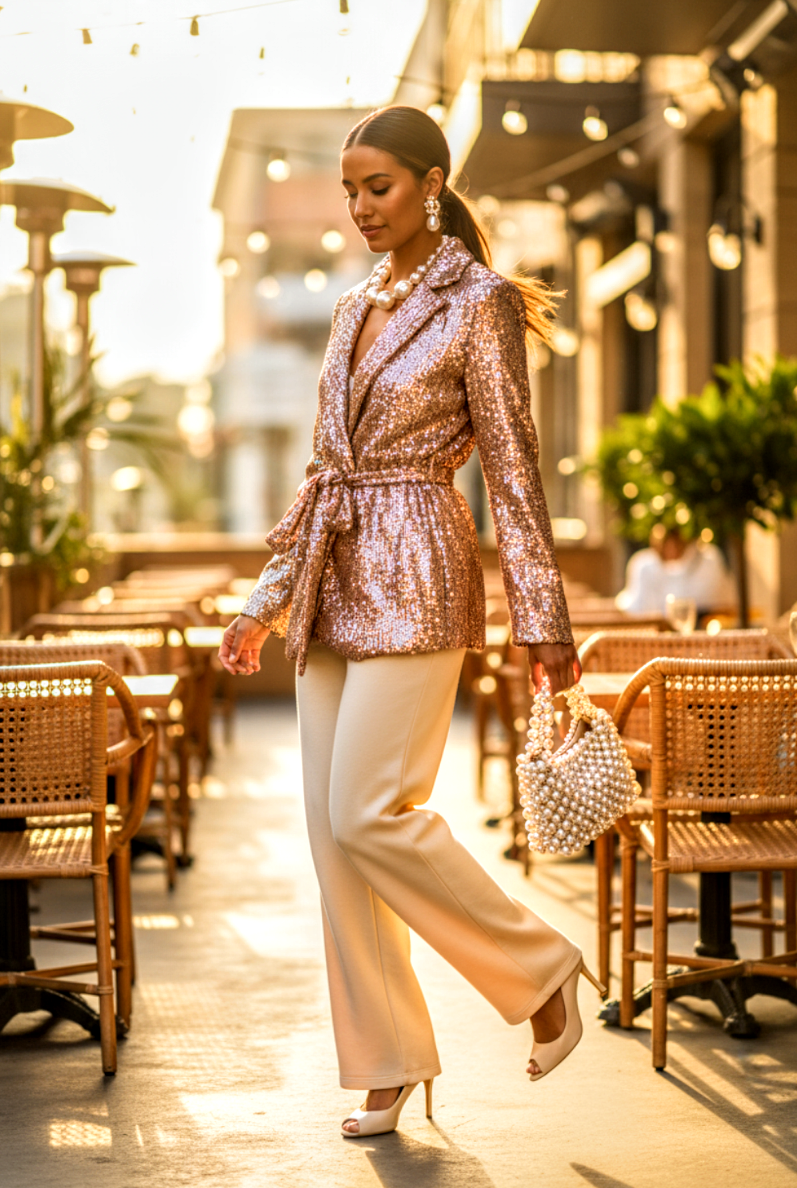 Sequin Front Tie Blazer Gold