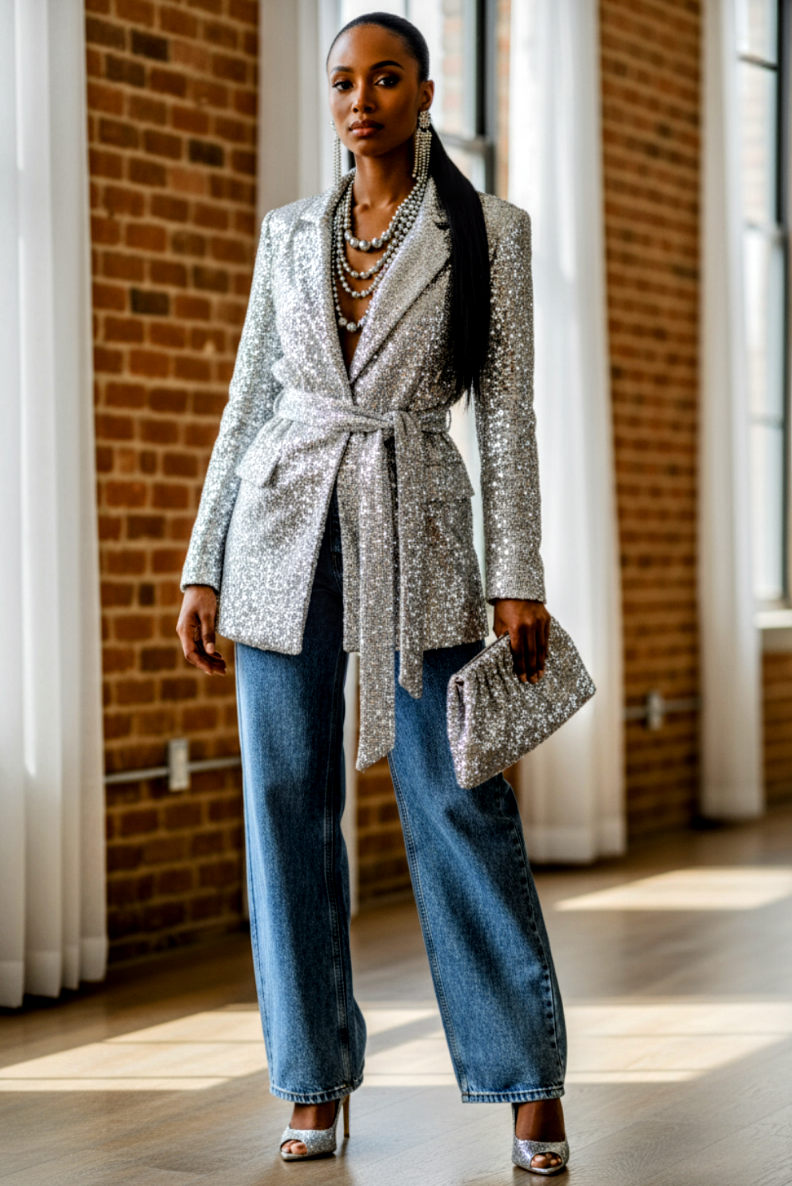 Sequin Front Stretch Tie Blazer Silver