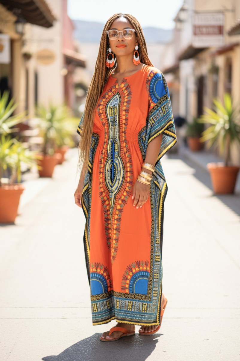 Ethnic Print Kaftan Orange One Size