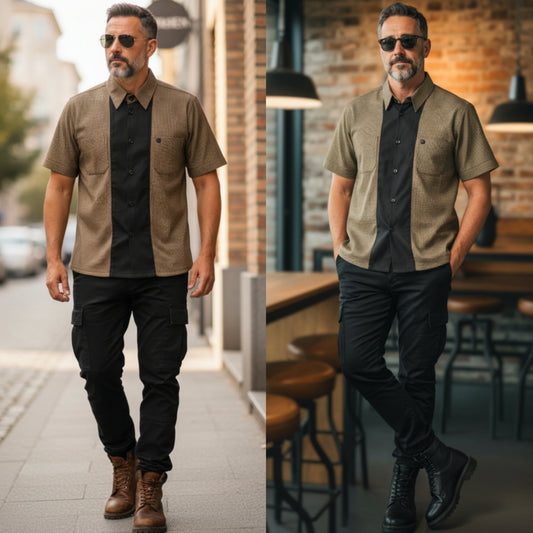 Vintage men's short sleeve button-up shirt with houndstooth pattern and black center panel Size L