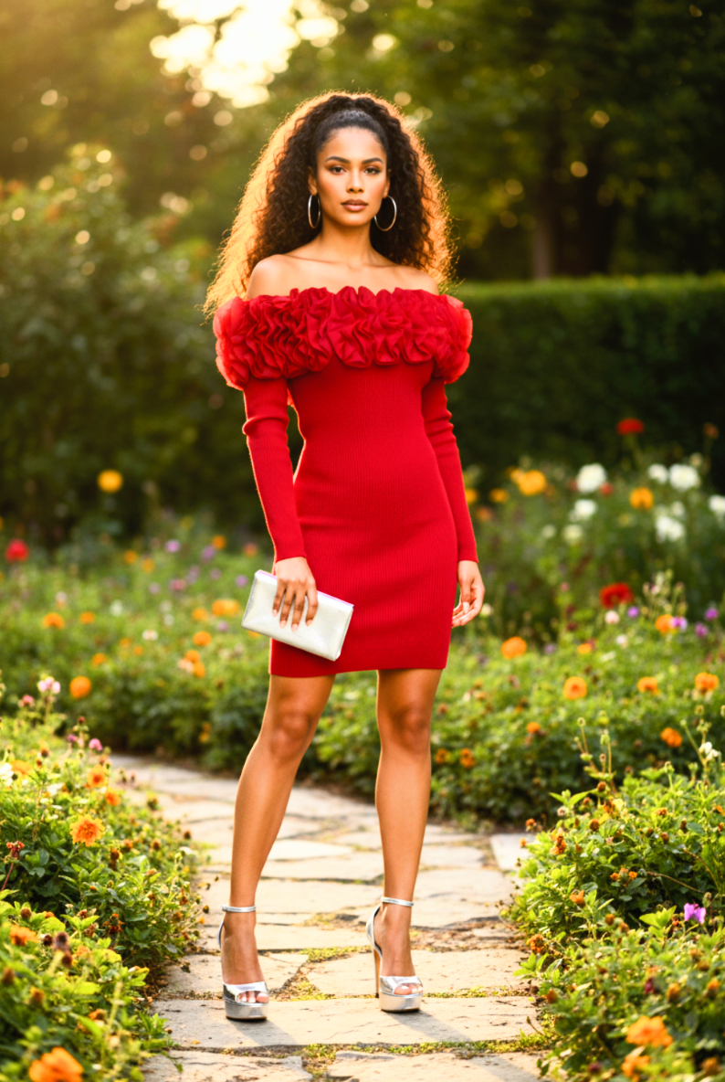 Top Ruffle Ribbed Sweater Dress Red