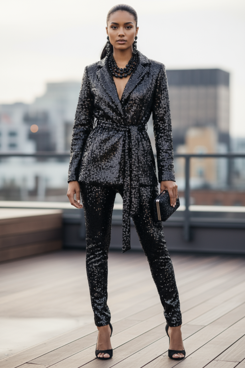 Sequin Stretch Front Tie Blazer Black