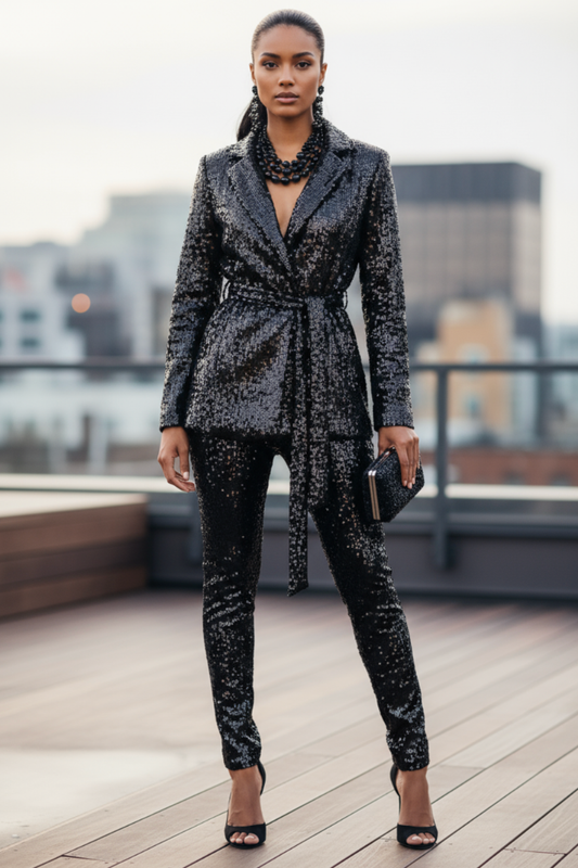 Sequin Stretch Front Tie Blazer Black