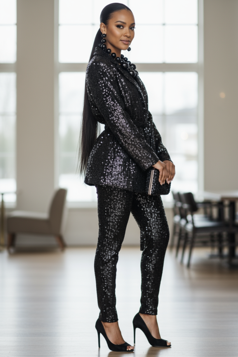 Sequin Stretch Front Tie Blazer Black