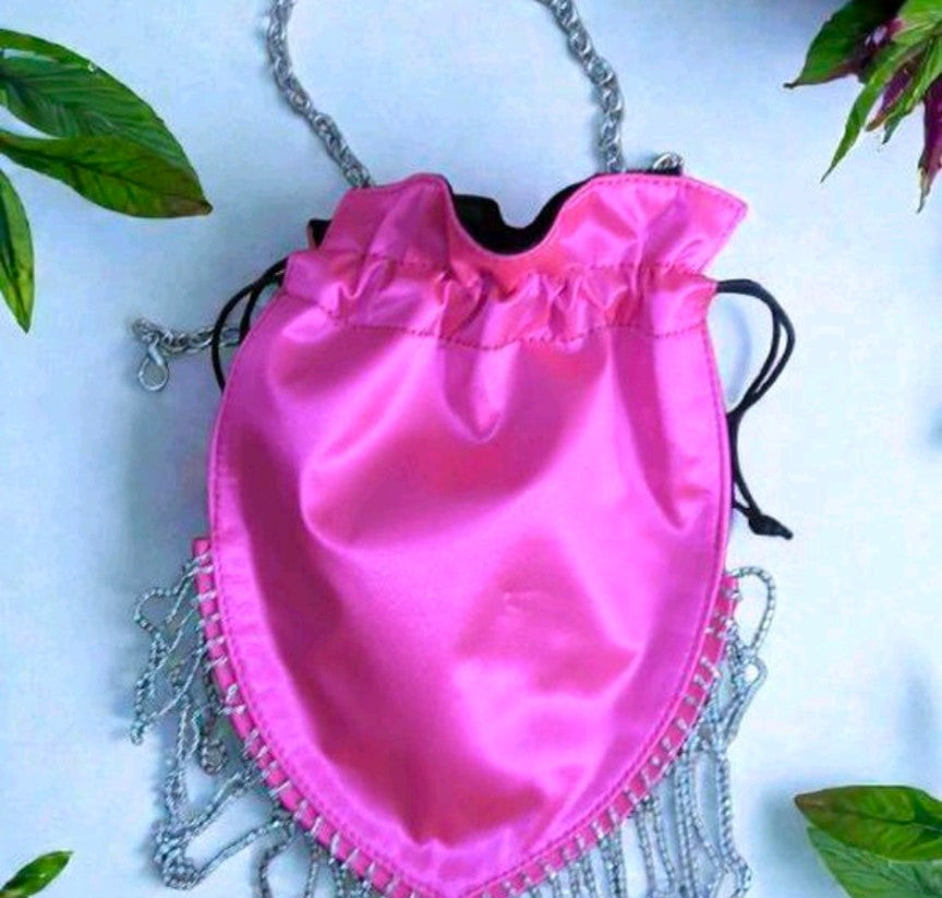Satin Jewel Drawstring Handbag Black&Pink
