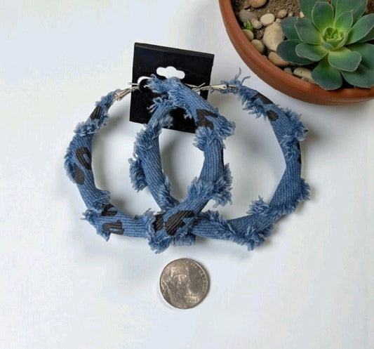 Denim Leopard Spot Hoop Earrings