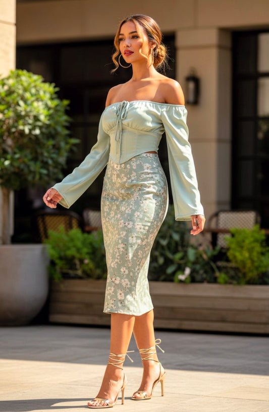 Sage Satin Bell Arm Top