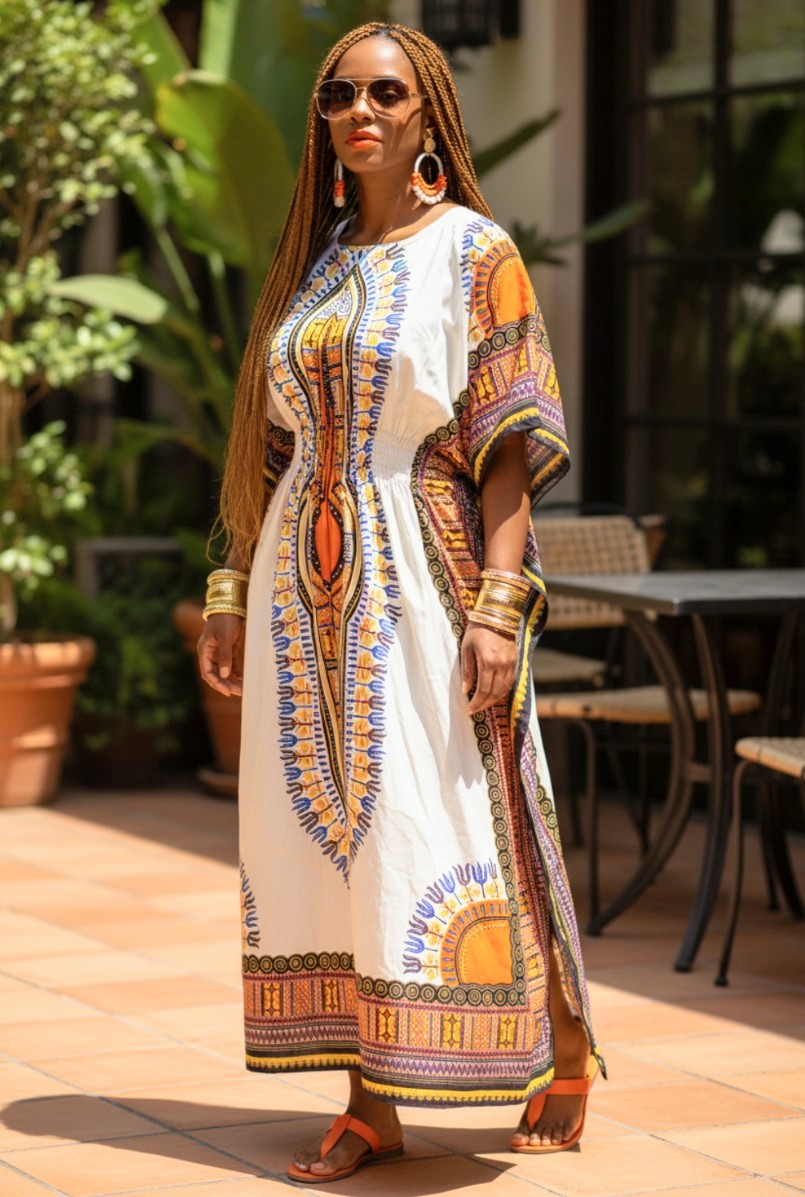 Ethnic Print Kaftan White One Size