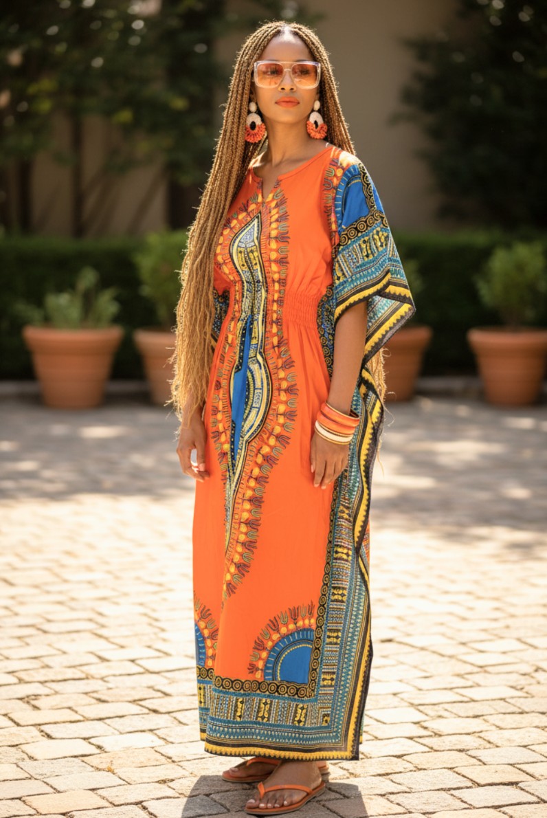 Ethnic Print Kaftan Orange One Size