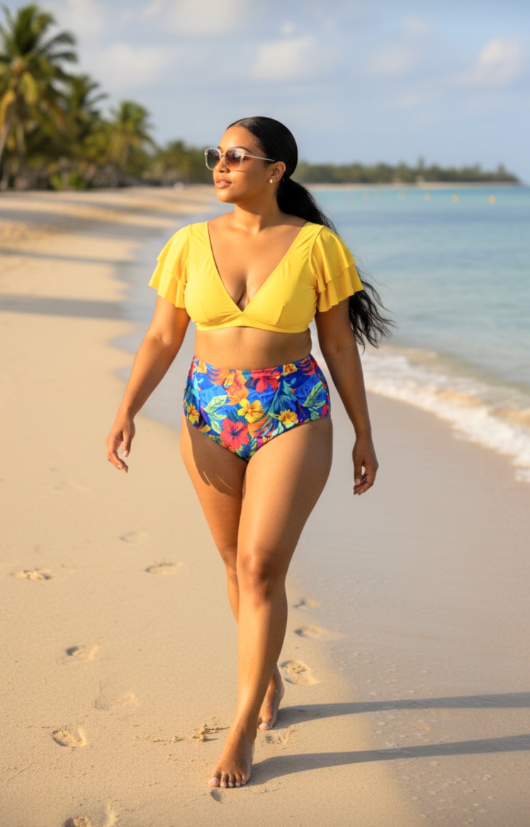 CURVY GIRL 2PC Tropical Ruffle Swim Set